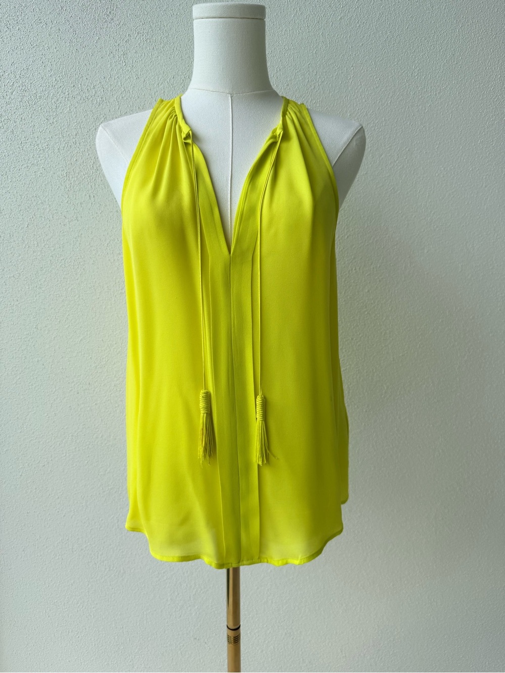 Joie 100% silk Neon Yellow Sleeveless Tassel V-Neck blouse, Medium